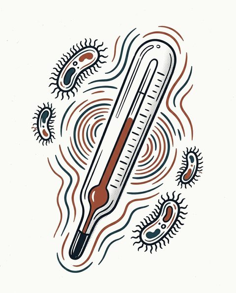 Thermometer met rust-gekleurde mercury, bacterie-cellen er omheen, suggereert acute infectie